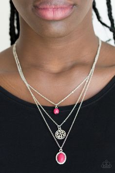 Three shimmery silver chains layer down the chest. A vivacious pink stone bead swings from the uppermost strand, above a radiant silver tree charm and an ornate pink stone pendant for a seasonal look. Features an adjustable clasp closure.

 Sold as one individual necklace. Includes one pair of matching earrings. Pink Stone Necklace, Silver Chains, Silver Tree, Pink Necklace, Paparazzi Accessories, Paparazzi Jewelry, Short Necklace, Pink Stone, Silver Chain Necklace