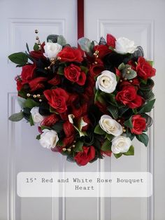 red and white rose bouquet in front of a door with text overlay that reads, 15 red and white rose bouquet heart