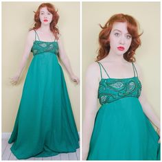 Ooh la la. A magical, emerald green dream. You'll float through the room in this chiffon piece. Fitted bodice is emblazoned with green and gold beaded / sequin paisley design. The chiffon skirt flares out from the under bust for dramatic effect. Fully lined. Back zipper closure.  Condition: Great! One snag on the bottom of the skirt, can't be seen at all. Otherwise lovely.  Measurements: Bust: 32-34" Waist: 27-28" Hips: Free Length: 59" ---------- I do not accept returns currently. Please read the description in detail and ask any and all questions before you purchase. However, if you have a problem DO message me, as I am flexible on a case by case basis! Please note, I am not responsible for lost or stolen packages. Shipping is 5 days a week with the exception of the weekends. As shipping Empire Waist Maxi, Empire Waist Maxi Dress, 60s Dress, Chiffon Gown, Chiffon Skirt, Paisley Design, 1960s Vintage, Fitted Bodice, Dress Clothes For Women