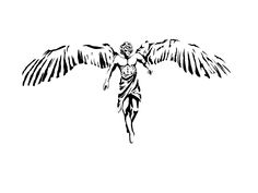 a black and white drawing of an angel with outstretched wings