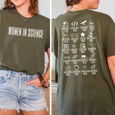 Perfect for any Steminist, STEM teacher, this powerful tee phrase "Women in Science" on the front, but also showcases the names of 20 famous women scientists on the back. Makes a great gift for chemistry or science teachers who want to celebrate the achievements of women in the field. 💚 HOW TO PLACE AN ORDER 💚 Browse through our photos to see the available sizes and colors.  Use the drop-down menus to select your preferred size and color. ✨ Click on the "ADD TO CART" button to place the select Women In Stem Shirt, Jersey Hairstyles, Science Teacher Shirts, Science T Shirt, Science Teacher Shirt, Women In Science, Stem Teacher, Women Scientists, Science Shirts