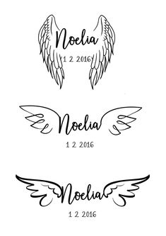 the names of two different types of tattoos on white paper with black ink and an angel wing