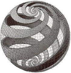 a black and white drawing of a ball with swirls on the side, in front of a white background