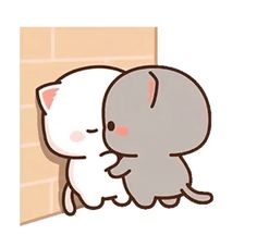 two cats hugging each other in front of a brick wall