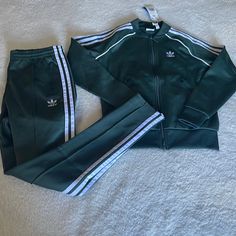 Brand New Adidas Set In Xs! Make An Offer Adidas Green Track Jacket For Spring, Casual Long Sleeve Outerwear With Side Stripes, Adidas Fitted Sporty Track Jacket, Green Sportswear Track Jacket For Fall, Green Track Jacket For Fall Sportswear, Green Fall Track Jacket Sportswear Style, Green Track Jacket For Fall, Adidas Green Winter Track Jacket, Green Adidas Winter Track Jacket