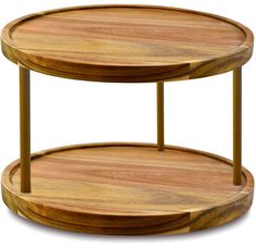 two tiered wooden serving trays with metal legs and wood top, on white background