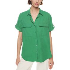 Aritzia Babaton Utility Linen Shortsleeve Shirt Sz Xs In Gd Nature Green Nwt Navy Blue Bodysuit, White Bell Sleeve Top, Peach Blouse, Blue Bodysuit, Square Neck Bodysuit, Aritzia Babaton, Green Tank Top, Nature Green, Beige Top