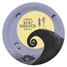 a paper plate with a cartoon character on it and bats in the sky behind it