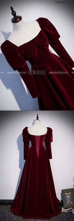 the back and side views of a red velvet dress, with an off - shoulder design