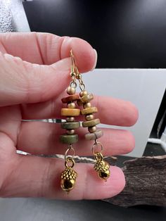 Creek Jasper beads  Brass acorns gold glass beads Gold Earrings With Czech Glass And Spacer Beads, Bohemian Gold Earrings With Polished Beads, Acorn Earrings, Jasper Beads, Gold Glass, Jewelry Earrings Dangle, Etsy Earrings, Glass Beads, Dangle Drop Earrings