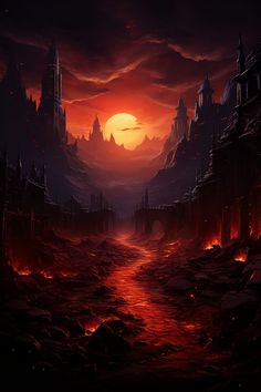 an image of a fantasy setting with fire coming out of the ground and buildings in the background