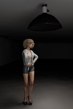 a woman standing in a dark room with her hands on her hips and wearing high heels