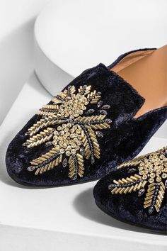 Girana Gem Navy Velvet Mules Hand Embroidered Velvet Shoes | Etsy Embellished Almond Toe Party Flats, Elegant Embroidered Flats For Party, Elegant Embroidered Party Flats, Party Flats With Embroidered Round Toe, Party Flats With Embroidery And Round Toe, Embroidered Party Flats, Embroidered Round Toe Party Flats, Embellished Flats For Party And Festivals, Navy Velvet Shoes