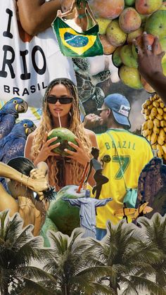 a collage of people and fruit with palm trees in the backgroung