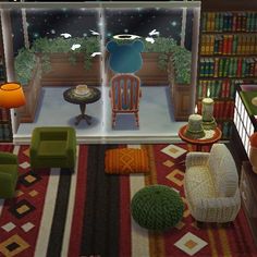 a living room filled with furniture and bookshelves next to a window covered in lights