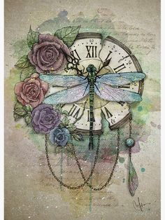 a clock with flowers and a dragonfly on it's face, painted in watercolor