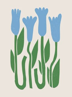 three blue flowers with green stems on a white background and the words spring written below them