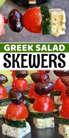 greek salad skewers with olives, tomatoes and cucumber on them