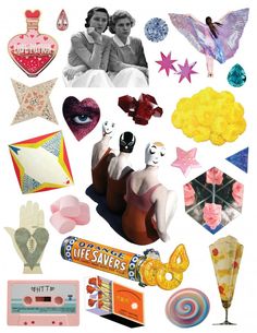 an assortment of different items are shown in this collage, including paper dolls and other things