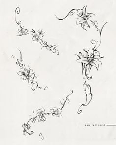 some flowers and vines are drawn in black ink on white paper with the words tattoo art written