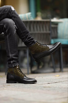 Black & Khaki Leather Boots - Hollo Shoe Mens Fall Boots, Khaki Boots, Black And Khaki, Winter 23, Suede Leather Boots, Loafer Sneakers, Leather Gifts, Sole Shoes, Eva Sole