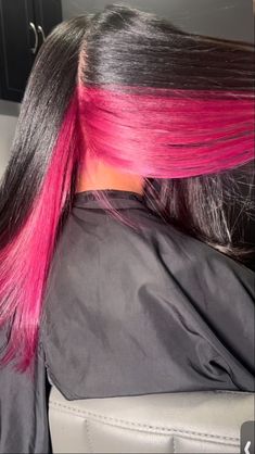 Magenta Skunk Stripe Hair, Pink Peak A Boo Black Hair, Black Hair With Purple Skunk Stripe, Pink And Black Dyed Hair, Dark Pink Dyed Hair, Pink Skunk Hair On Brown Hair, Peak A Boo Pink Hair Color, Dark Red Skunk Stripe Hair, Burgundy Hair Peekaboo