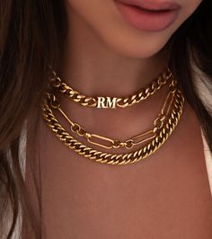 Initial Choker (Gold) Trendy Metal Curb Chain Jewelry, Trendy Cuban Link Chain Jewelry, Trendy Metal Necklaces With Curb Chain, Cuban Link Necklace With Adjustable Chain For Gift, Gold Plated Cuban Link Chain Necklace For Gift, Personalized Luxury Metal Jewelry, Luxury Personalized Metal Jewelry, Initial Pendant Jewelry With Curb Chain For Gift, Gift Jewelry With Initial Pendant And Curb Chain