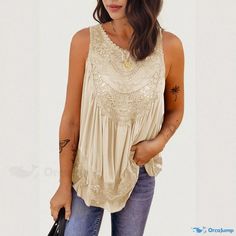 Orcajump - Sleeveless Lace Blouse: Loose Fit, Round Neck, Pullover Tank Top Casual Stretch Blouse With Vest, Non-stretch Sleeveless Blouse, Chic Sleeveless Non-stretch Blouse, Chic Non-stretch Sleeveless Blouse, Non-stretch Sleeveless Top For Vacation, Sleeveless Beach Tank Top, Bohemian Stretch Sleeveless Tank Top, Sleeveless Casual Tops, Casual Sleeveless Non-stretch Tops