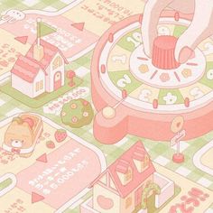 an illustration of a pink clock surrounded by small houses