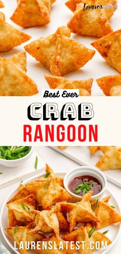 the best ever crab rangoon is served on a white plate with dipping sauce and garnishes