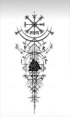 a black and white drawing of an abstract design with compasses, arrows, and other symbols