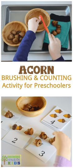 an activity for children to learn acorn brushing and counting