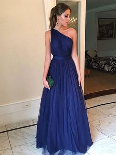 Elegant Dark Blue A Line One Shoulder Tulle Long Prom Dresses, Dark Bl – Shiny Party Dresses Graduation, Evening Dress Long, One Shoulder Prom Dress, One Shoulder Bridesmaid Dresses, One Shoulder Bridesmaid, Prom Dresses 2019, Floor Length Prom Dresses, Rock Outfit, 16 Dresses