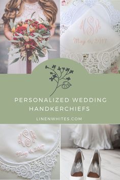 the personalized wedding hanker and bride's shoes are featured in this collage