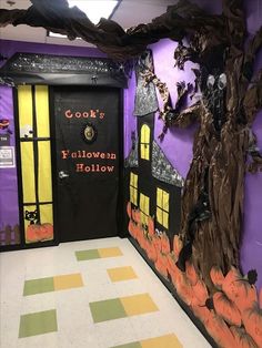 an entrance to a halloween themed classroom