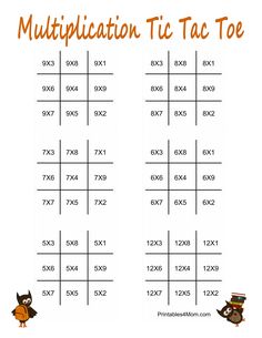 two times table with owls on it and the words multiplication tic toe