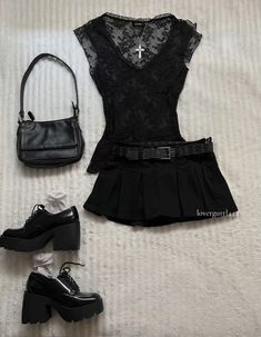 Black Babydoll Top Outfit, Black Outfits Formal, Dark Clothing Aesthetic, Romwe Outfit Ideas, Dark Summer Outfits, Pierce The Veil Concert Outfit, Black Coquette Aesthetic, Emo Concert Outfit, Dark Coquette Outfits