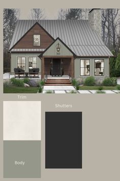 the exterior of a house with gray paint and white trim