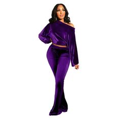 2pc Purple Pants Set Chic Purple Party Sets, Purple Two-piece Set For Party, Purple Two-piece Party Set, Purple Sets For Fall Party, Fall Party Sets With Wide Leg, Wide Leg Two-piece Set For Night Out, Wide Leg Two-piece Pants For Night Out, Stretch Matching Set Pants For Fall, Solid Two-piece Set Bottoms For Night Out