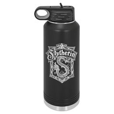 a black stainless steel water bottle with the slytherin emblem on it's side