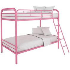 a pink bunk bed with white sheets and pillows on top of it, next to a pillow