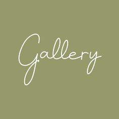 the word gallery written in cursive writing on a green background with white ink