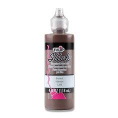 a bottle of dark brown paint with pink trim on the top and bottom, in front of a white background