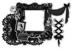 a black and white photo frame with an ornate design on the front, along with other decorative items