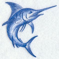 a blue marlin fish with its mouth open and it's tail curled up