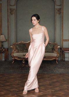 Welcome to a world where sophistication meets romance, and you are the epitome of regal grace.This dainty and romantic gown is designed to captivate hearts and elevate your presence, making it an ideal choice for a wedding or special event. Indulge in timeless allure in our Tulip Dress. Rounded scooped neckline Flat 3/4 quarter straps Fit and flare silhouette Angled pleats along waistline Hidden side pockets Rounded tulip shaped skirt Invisible zipper at center back Back princess seams Shiny twi Romantic Gown, Tulip Dress, Scooped Neckline, Top Skirt Set, Dress Dusty, Princess Seams, Princess Seam, Invisible Zipper, Dusty Pink