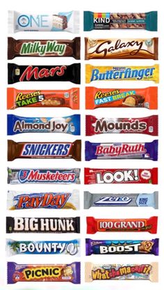 many different types of candy bars are shown in this image, with the names on them