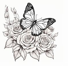 a black and white drawing of a butterfly on roses