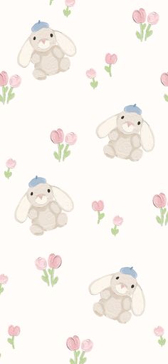 an image of a rabbit with tulips on it's back and pink flowers in the background