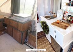 an rv kitchen and living room are seen in this split screen image from the inside